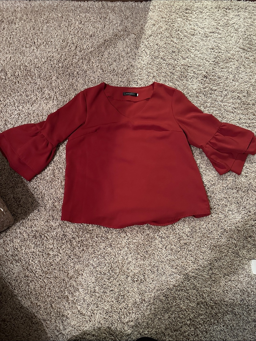 V-Neck Ruffle Sleeve Blouse in Wine Red